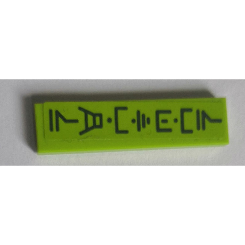 Brick2cube Part - Tile 1 x 4 with Black Ninjago Logogram 'NEWTOWN' on Lime Background Pattern (Stick