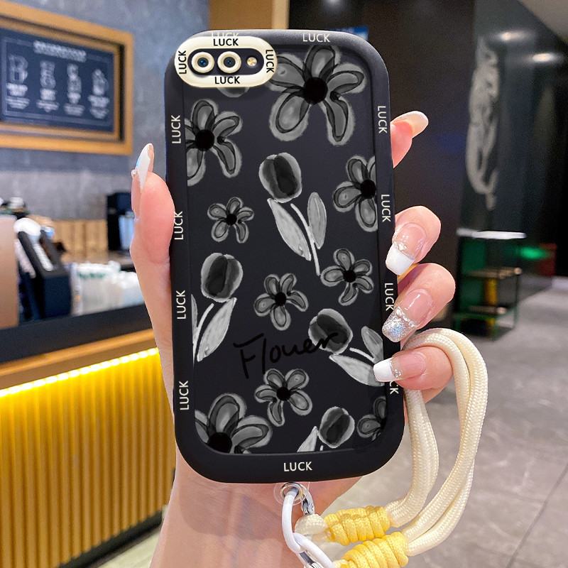 Realme C2 C2s OPPO A1K เคสดอกไม้สีดําขนาดเล็กพร้อมเชือกเส้นเล็ก