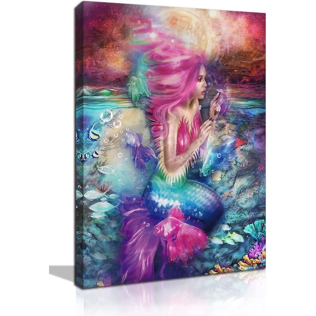 ภาพนางเงือกผ้าใบ Wall-art สําหรับห้องน้ําสีชมพู Mermaid Art Wall-art สําหรับห้องนอนสาว Mermaid Bathr