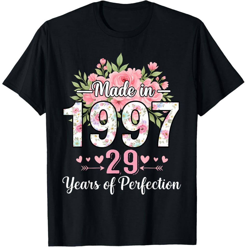 เสื้อยืดผ้าฝ้ายผู้ชาย Made in 1997 Floral 29th Birthday Women 29 ปีเสื้อยืด