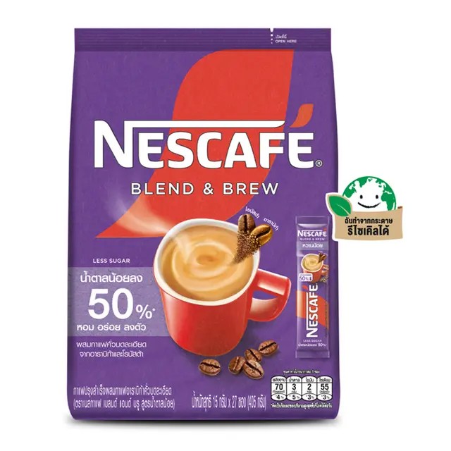 🌻 เนสกาแฟเบลนด์แอนด์บรูกาแฟปรุงสำเร็จชนิดผงสูตรน้ำตาลน้อย 15กรัม แพค 27ซอง 🌈 8850125078925 🌴 Nescafe