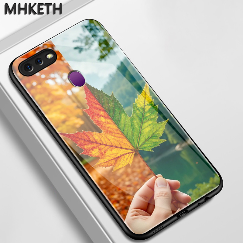 เคสสำหรับ OPPO F9 Pro F7 F5 Youth A7X Realme 2 Pro เคสโทรศัพท์แก้วลายใบเมเปิลระเบิด