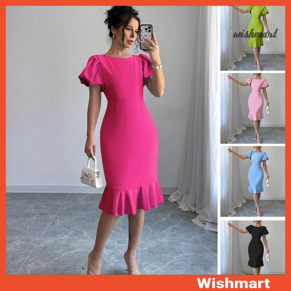[wishmart] Women's Short Puff Sleeve Bodycon Dresses Crew Neck Ruffle Mermaid Hem Dress Cocktail Wed