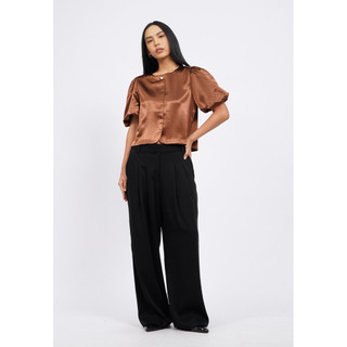 Executive Button Up Balloon Sleeves Blouse Brown