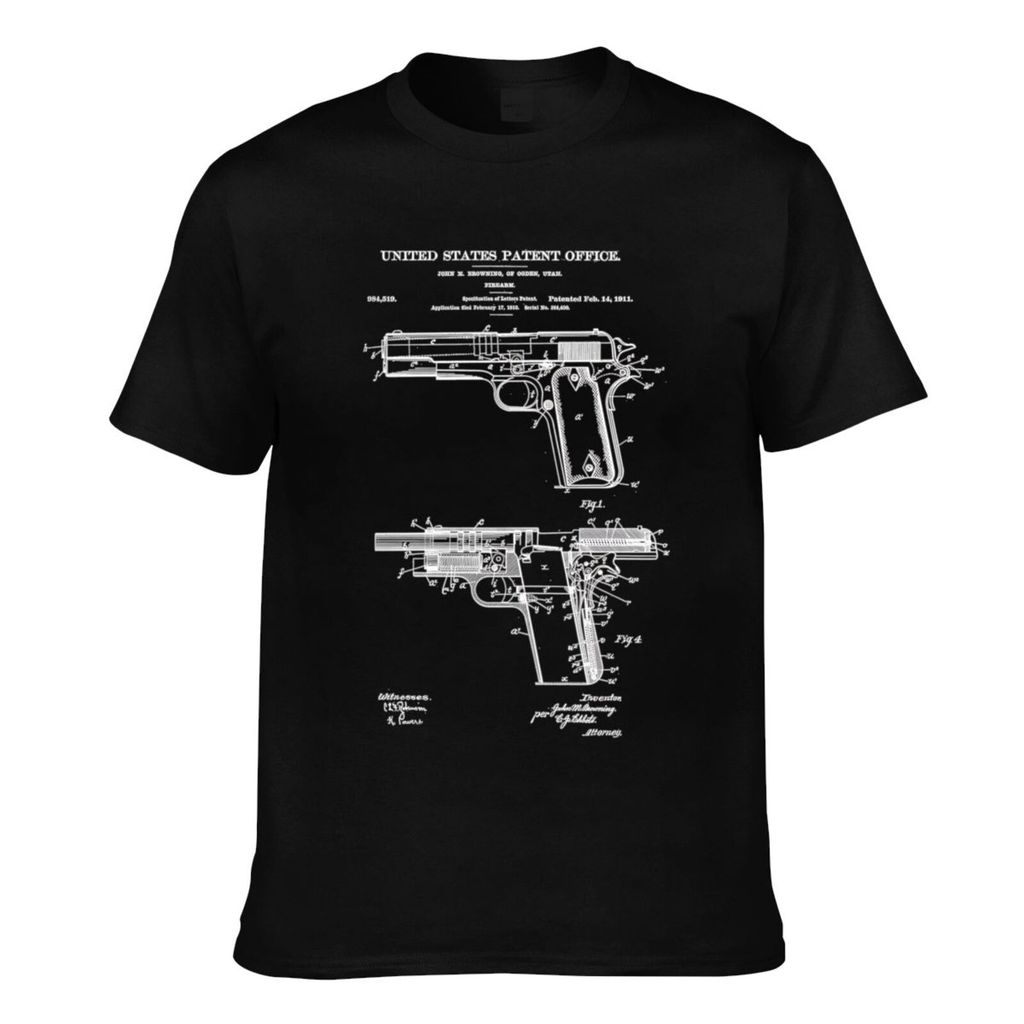 แฟชั่นใหม่ 1911 Retro Vintage Handgun Diagram Blueprint Pistol 45Acp ฤดูร้อนสไตล์ผู้ชายเสื้อยืด