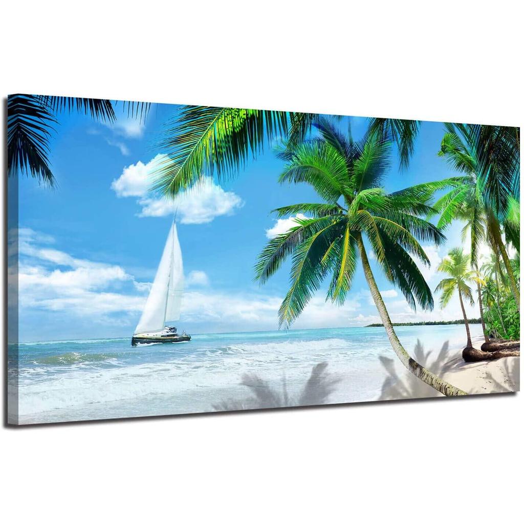 ยอดขายยอดนิยม Arjun ความละเอียดสูงกันน้ําผ้าใบในร่ม Wall Art Tropical Palm Tree Beach ภาพสีฟ้า Ocean