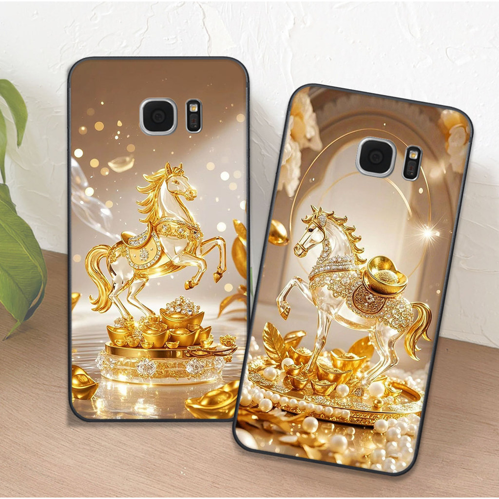 เคส Samsung S6 / S6 EDGE / S7 / S7 EDGE พร้อมเคสโคลเวอร์พิมพ์ลายม้าสีเหลือง