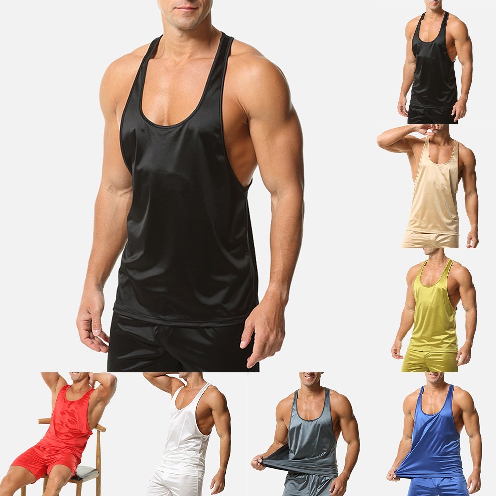 ⭐สินค้าใหม่⭐Men Oil Shiny Glossy Tank Top T-shirts Sleeveless Gym Tops Sports Running Vest