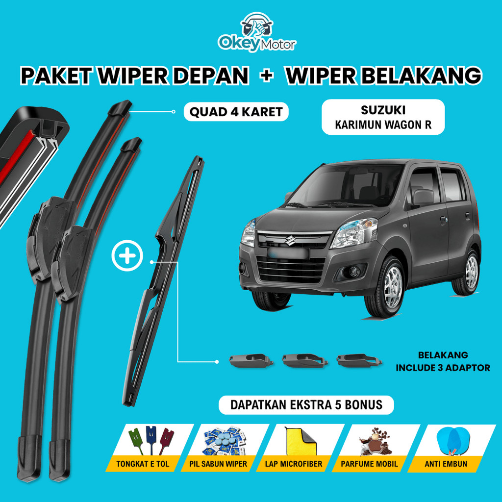Suzuki Karimun Wagon R Quad Wiper แพ็คเกจหน้าต่างรถยนต์ 1 ชุดด้านหน้าด้านหลังฟรี 5 โบนัส