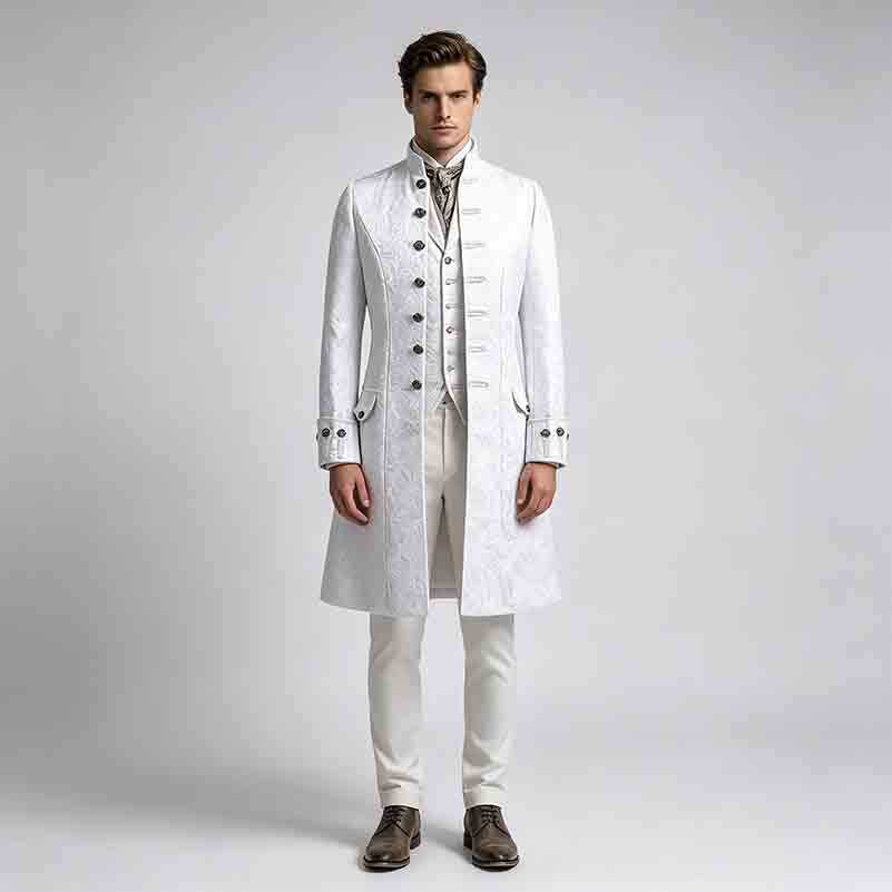 Victorian Edwardian คอสเพลย์เครื่องแต่งกายสีขาวผู้ชาย Steampunk Trench Coat Vintage Prince Overcoat ยุคกลาง Renaissance Jacket