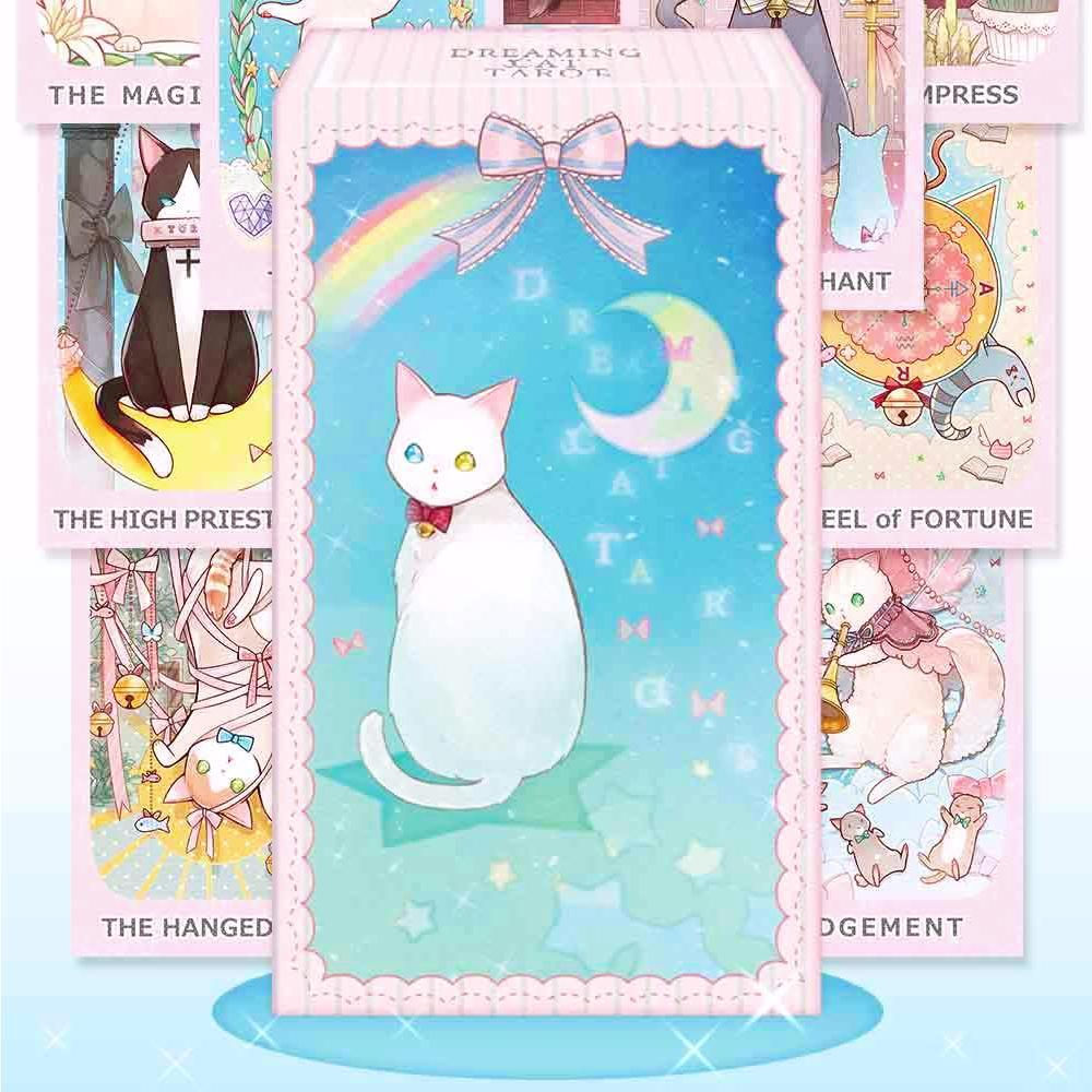 Dreaming Cat Tarot ไพ่ทาโรต์ไพ่ทาโรต์ดาดฟ้าตารางOracleสําหรับDivination Fateภาษาอังกฤษเกมกระดานเล่นไพ่Party Boardเกม