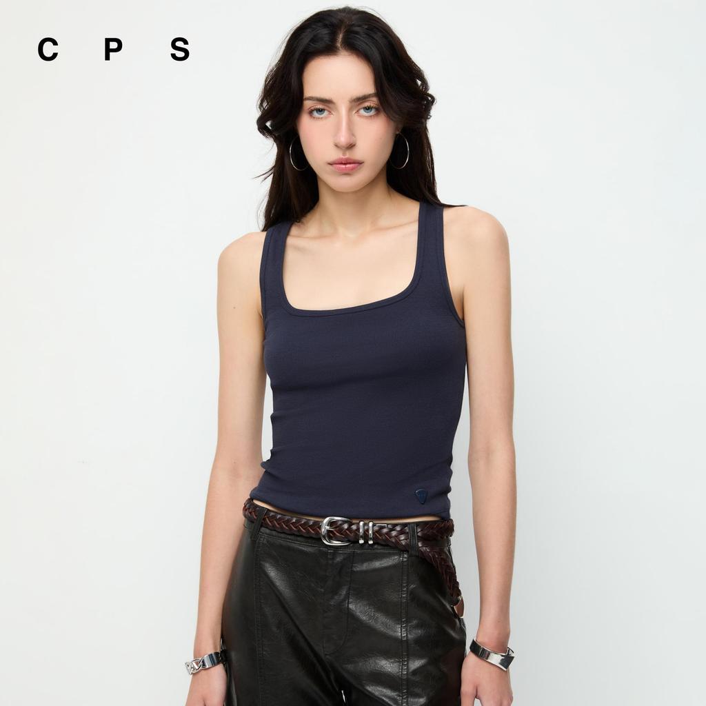 CPS เสื้อกล้ามคอเหลี่ยมแต่งโลโก้ปิ๊กกีตาร์ ผู้หญิง SQUARE NECK SIGNATURE TANK TOP รุ่น C26SGWA110 (SS26#P1)