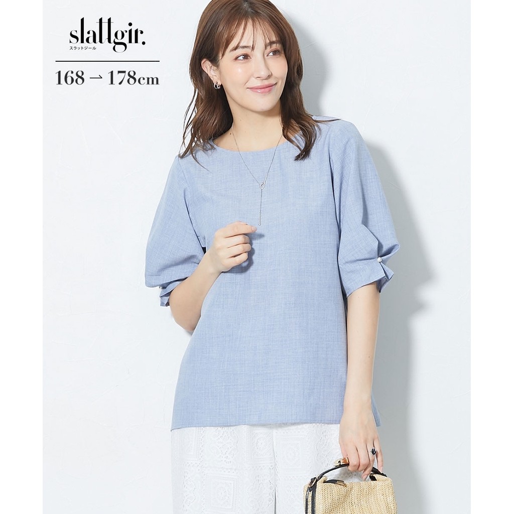 เสื้อเบลาส์แขนพับแต่งมุก ไซส์สาวสูง ผ้าลินินเทียม ระบายอากาศ เสื้อทำงาน