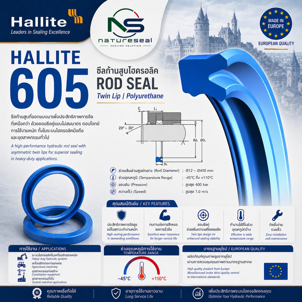 Hallite 605 ID 125 mm Rod Seal ซีลก้านสูบ ไฮดรอลิก OD 133-150 mm T605 H605 UN seal