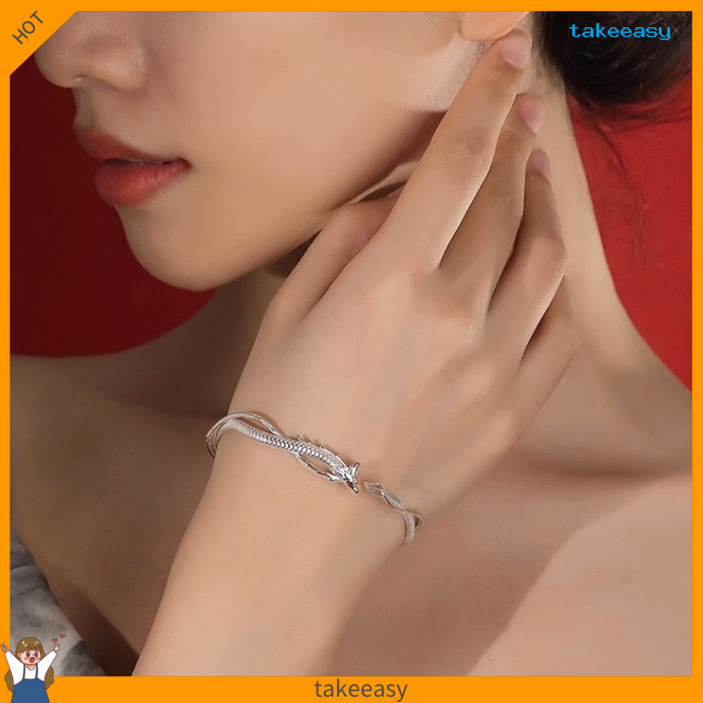 [take]กําไลข้อมือผู้หญิงรูปมังกรสไตล์ย้อนยุคทองแดงขัดเงาสองชั้นฝังเพิ่มความมั่นใจข้อมือสร้อยข้อมือลํ