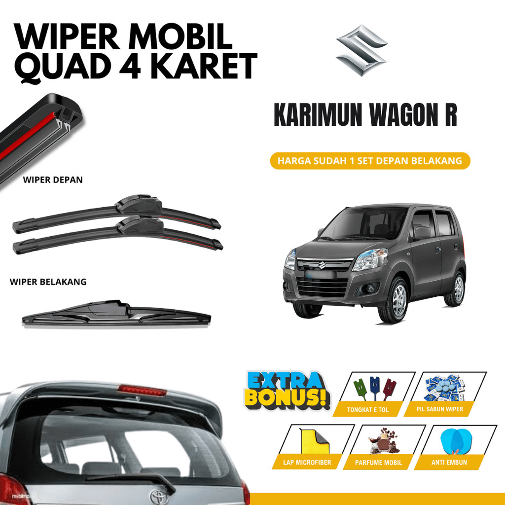 Suzuki Karimun Wagon R Quad Wiper แพ็คเกจหน้าต่างรถยนต์ 1 ชุดด้านหน้าด้านหลังฟรี 5 โบนัส