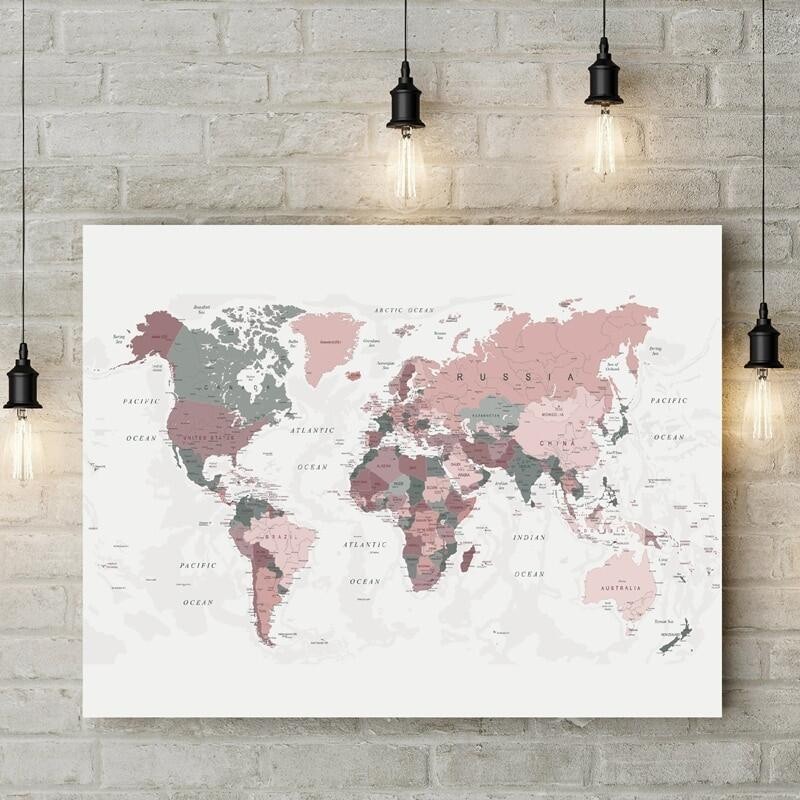 World Map Canvas Print Blush Pink & Hunter Green Map of the World Poster Dorm Decor Modern Wall Art
