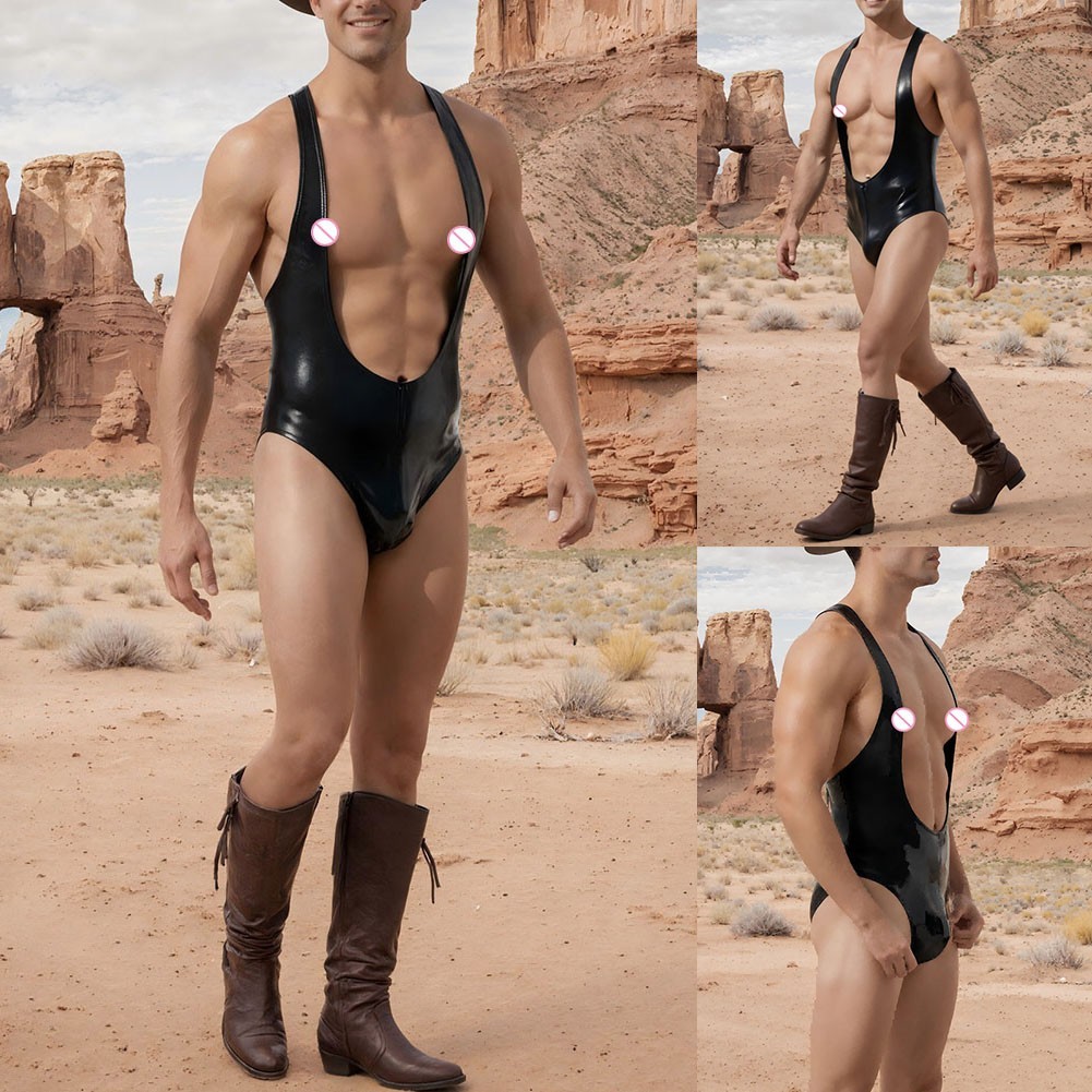 new11 Men Cloth Latex Tight Bodysuit PU Tanktops Clubwear Gay Zip Pouch One-piece Suit