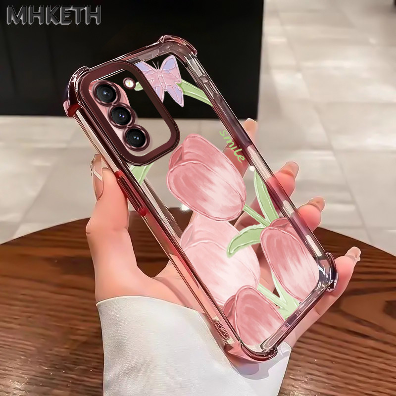 MHKETH เคสสำหรับ Samsung S21 FE S21 Plus S21 Ultra เคสโทรศัพท์ลายดอกไม้สไตล์แฟชั่นโปร่งใสชุบอิเล็กทรอนิกส์