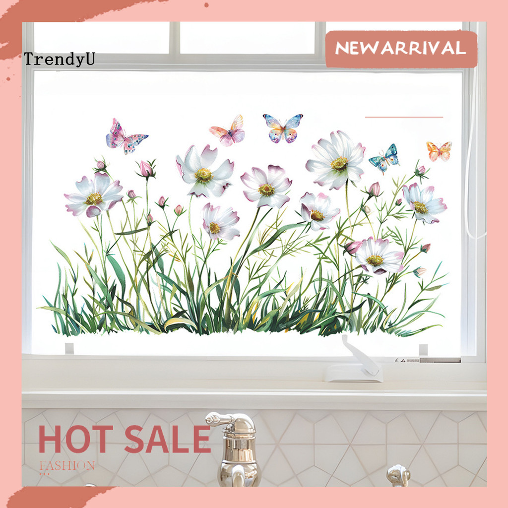 Spring Flowers Window Clings Garden Wildflower Butterflies Glass Stickers Reusable Static Decals สํา