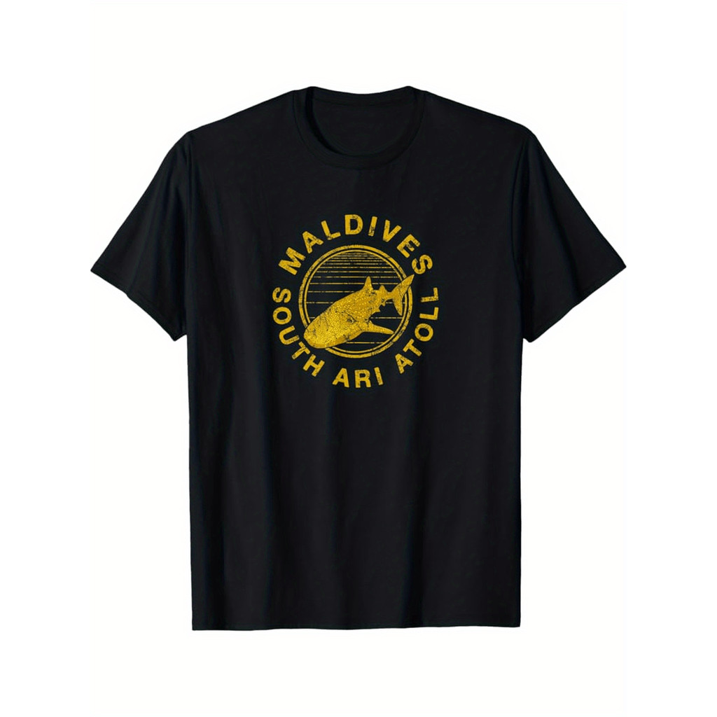 เสื้อยืดดําน้ําสําหรับผู้ชาย Maldives Southern Atoll With Whale Shark & Manta Ray Print - สีดําพร้อม