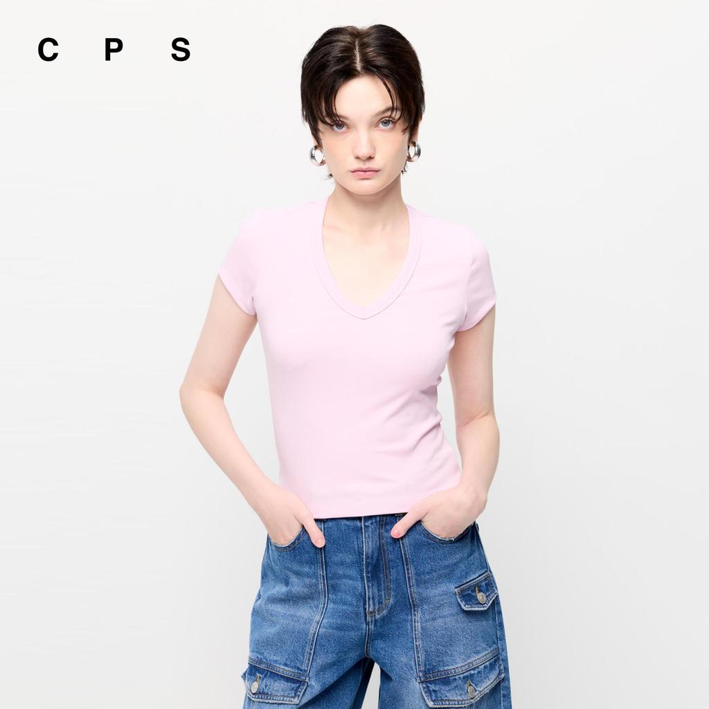CPS เสื้อยืดคอวีลึกผ้าริบทรงสลิม ผู้หญิง DEEP V-NECK TEE รุ่น C26SGWC019 (SS26#C1)