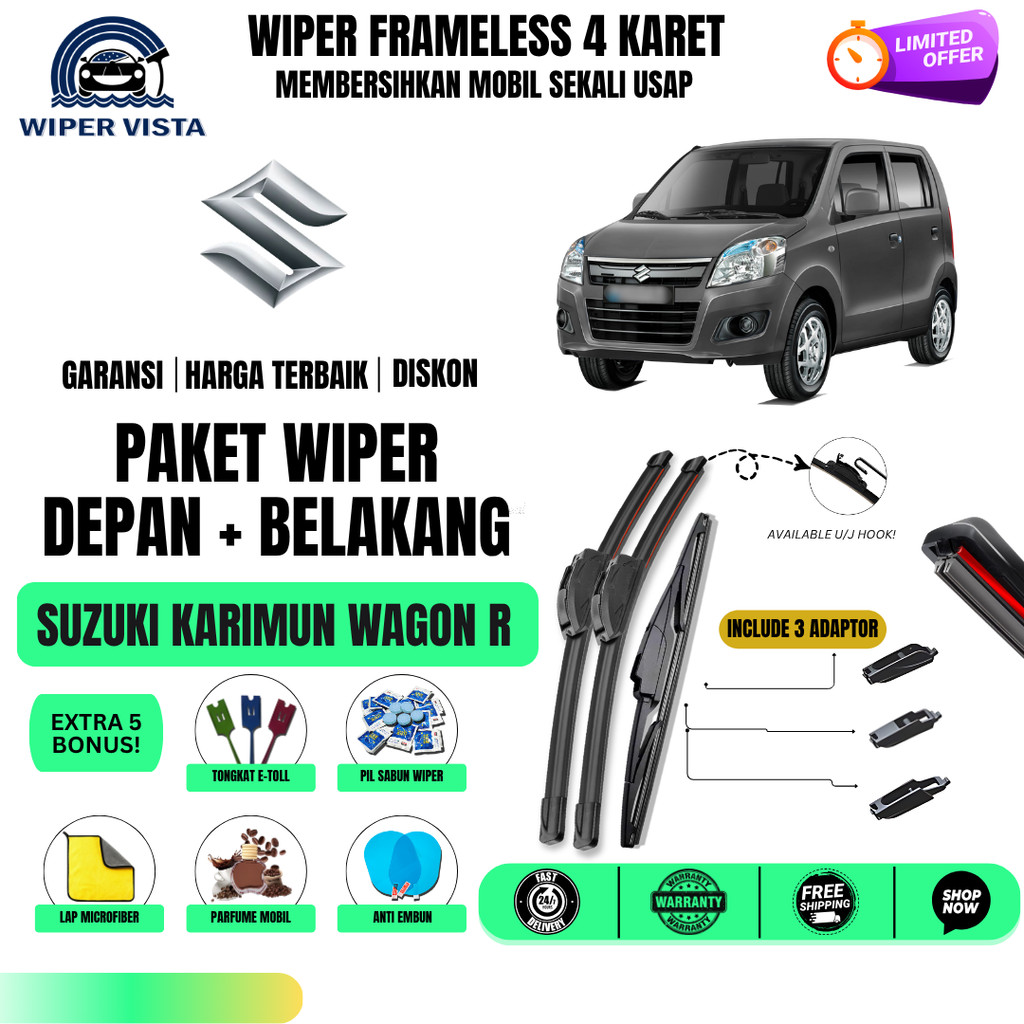 Suzuki Karimun Wagon R Quad Wiper แพ็คเกจหน้าต่างรถยนต์ 1 ชุดด้านหน้าด้านหลังฟรี 5 โบนัส