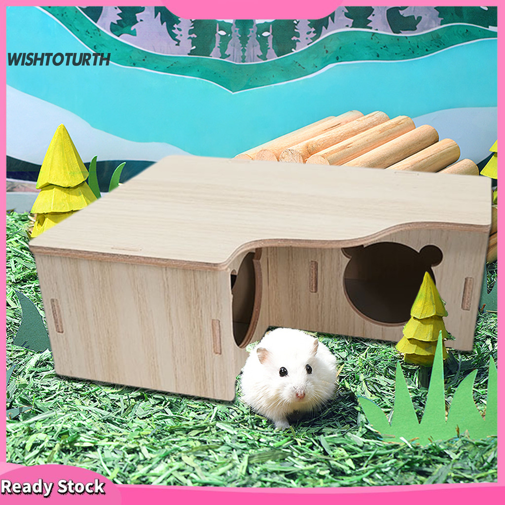 {wishtoturth88}หนูแฮมสเตอร์บ้านปีนบันไดไม้ธรรมชาติ Multi-Room Hut Rat Hideout House สัตว์เลี้ยงขนาดเ