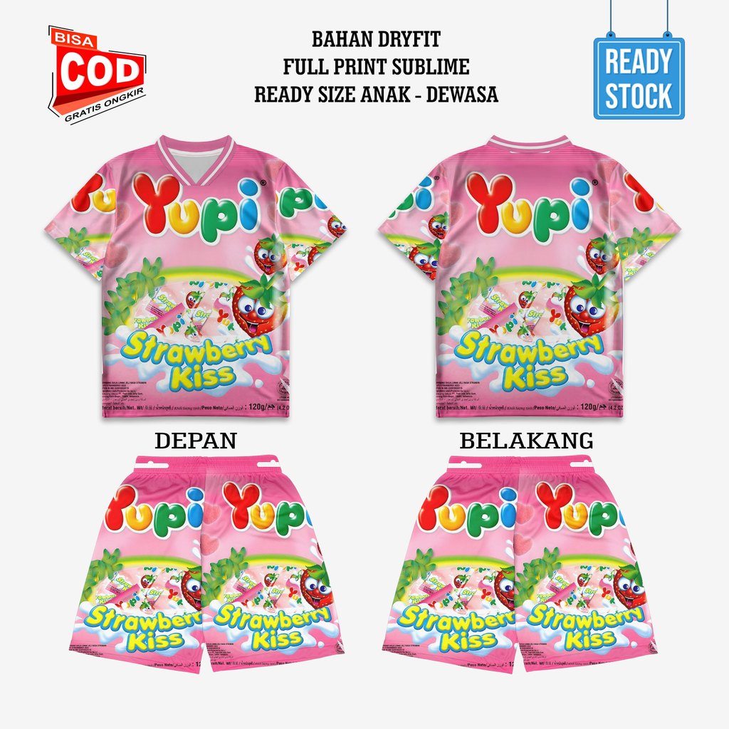 Yupi Strawberry Kiss Dryfit Candy Jersey Set with 3D Pants for Kids to Jumbo Adults Unisex - Teesmar