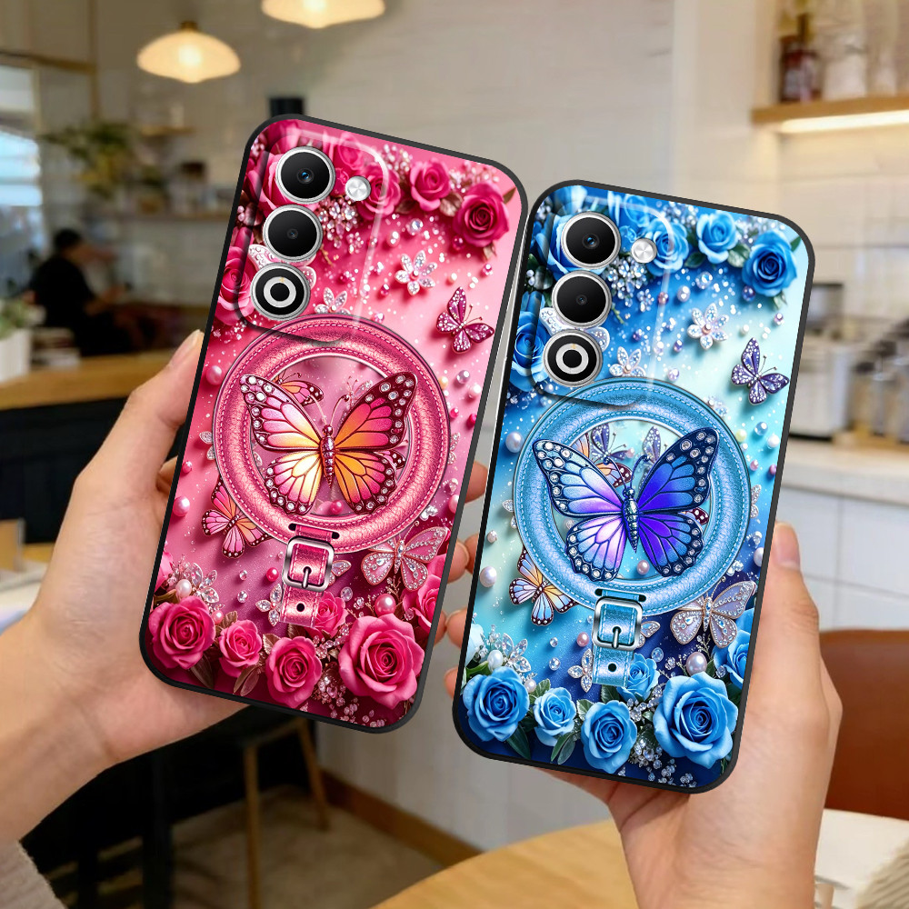เคสสําหรับ Oppo A5 2025 / A5i / A5i Pro พิมพ์ลายดอกกุหลาบ 3D สวยงาม และเอฟเฟกต์ผีเสื้อ