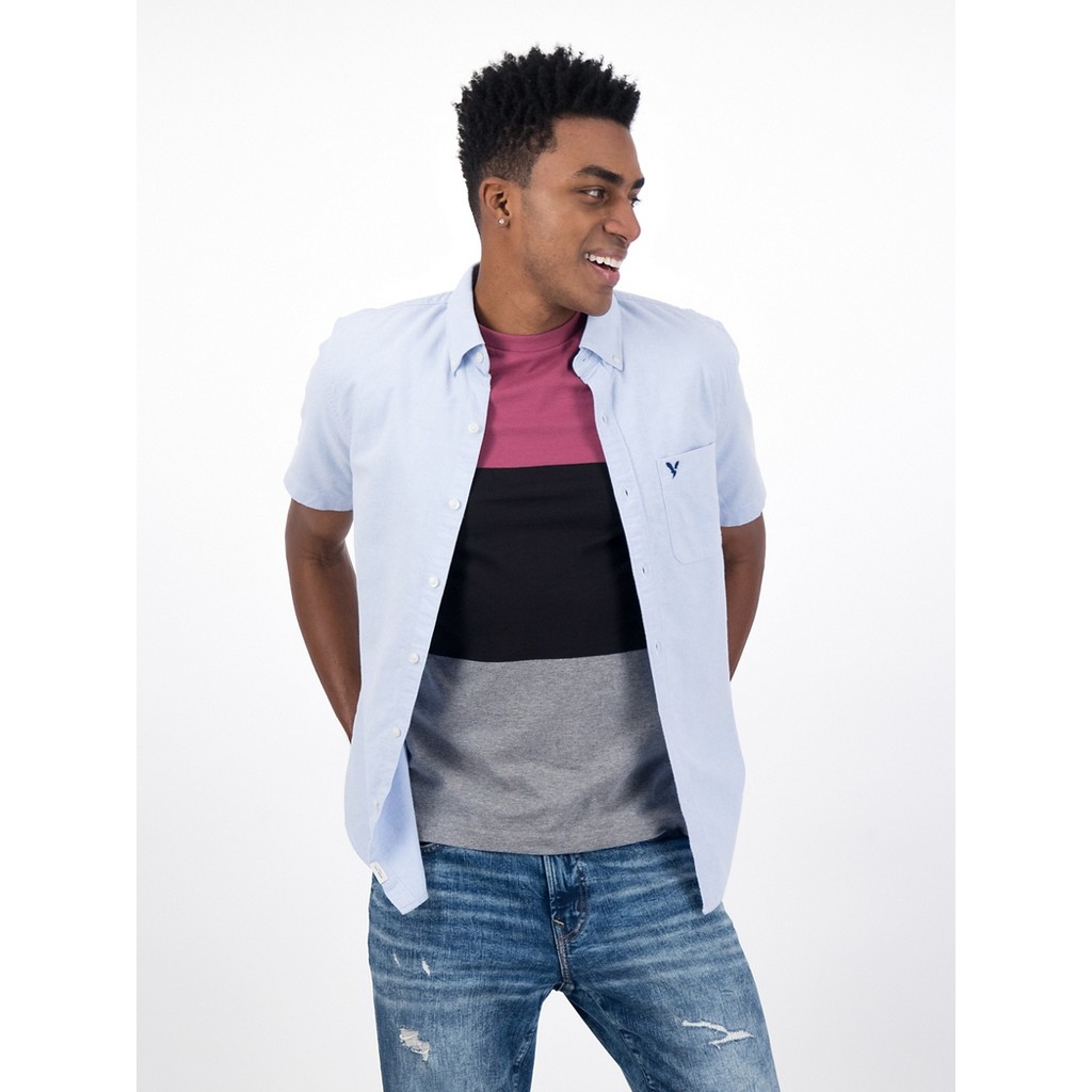 American Eagle เสื้อเชิ้ตผู้ชาย INT SS CF BTD YD SOLID OXFORD W EAGLE สี BLUE - 015-2105-400