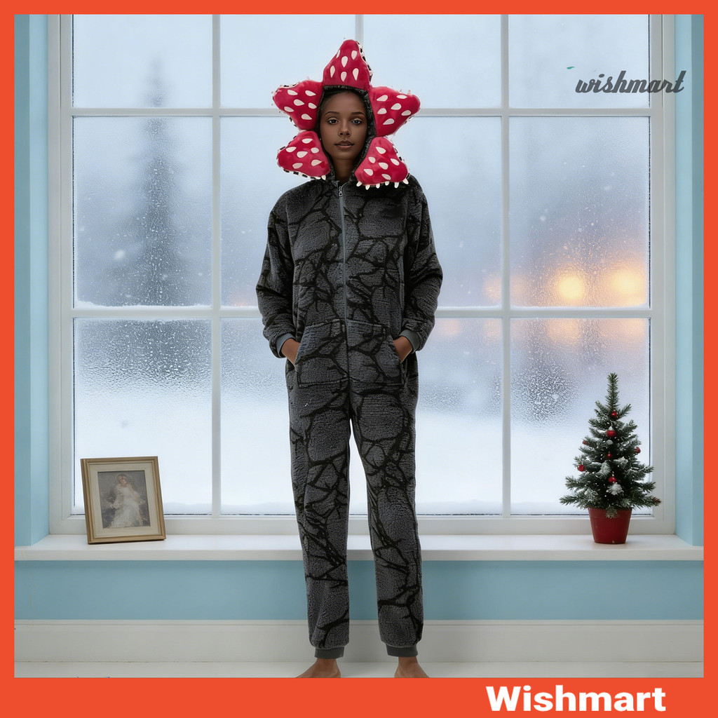 [wishmart] ชุดนอน Unisex Onesie 3D ดอกไม้ Hooded Jumpsuit Cozy ขนแกะชุดนอนชิ้นเดียวคริสต์มาสคอสเพลย์