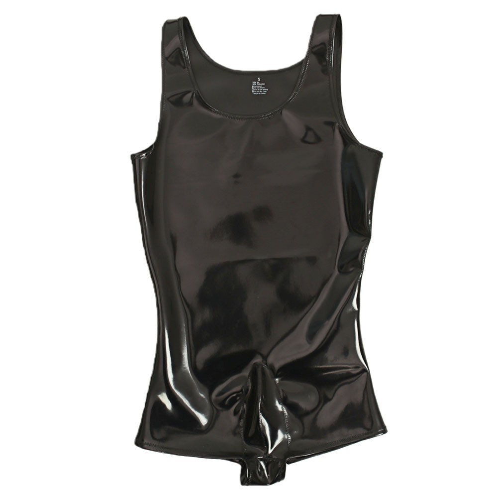 new11 Men Cloth Latex Bodysuit หนัง PU Bulge กระเป๋าแน่น Clubwear เกย์ SM Tank Tops