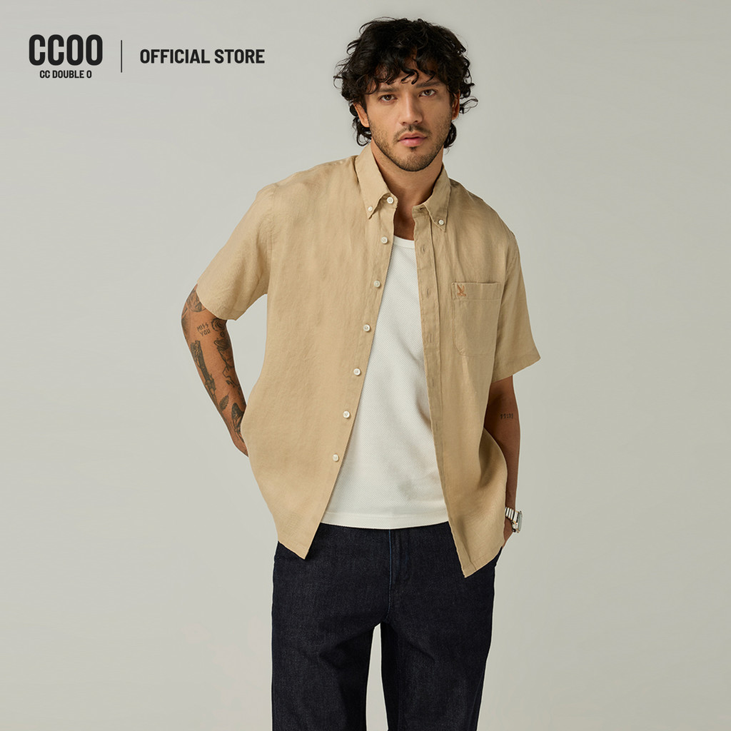 CC DOUBLE O BIRD LOGO LINEN SHIRT ผู้ชาย เสื้อเชิ้ตแขนสั้นผ้าลินินปักโลโก้นก CC DOUBLE O รุ่น O26SGMC016 (SS26 #C2)