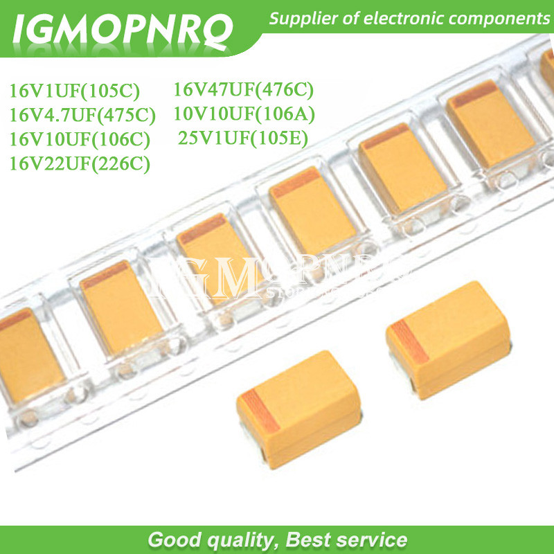 10PCS Tantalum Capacitor ประเภท A 3216 16V1UF 16V4.7UF 16V10UF 16V22UF 10V10UF 25V1UF 16V47UF 105C 4