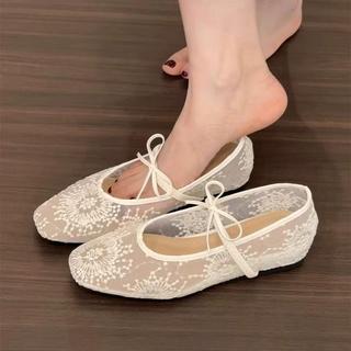 FOYA SHOES สุภาพสตรีแฟชั่นหรูหรารองเท้าส้นเตี้ยระบายอากาศลูกไม้ตาข่ายผูกออกแบบสไตล์ INS บัลเล่ต์ 01