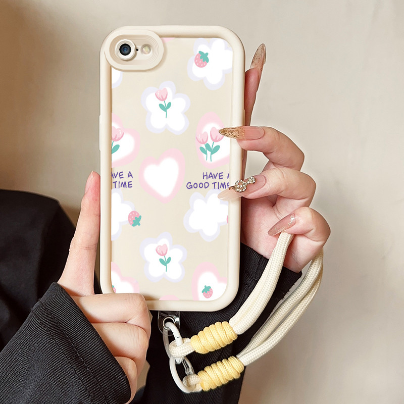 เคสสำหรับ iPhone 6 Plus 6s Plus 7 Plus 8 Plus SE 2020 X Xr Xs Max เคสโทรศัพท์รูปหัวใจดอกไม้สามสีซิลิโคนสายคล้องกันกระแทก