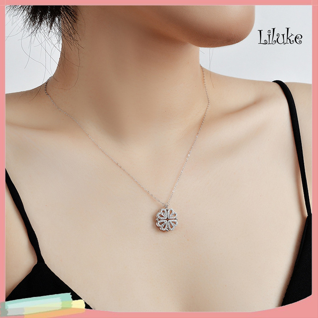 [LK] 2 in 1 Four Leaf Clover จี้สร้อยคอเปิดประทุนรูปหัวใจ Cubic Zirconia Charm เครื่องประดับสําหรับผ