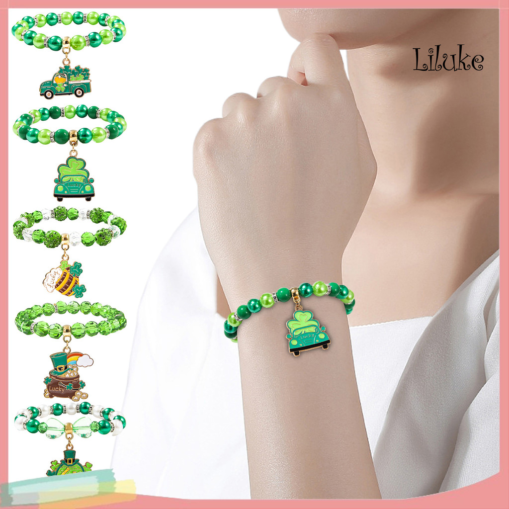 [LK] สร้อยข้อมือ Shamrock St. Patricks Day Irish Beaded เครื่องประดับลูกปัดแก้วและ Charms Lucky Char