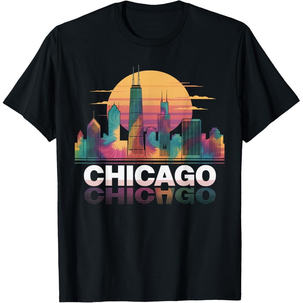 I Love Chicago Skyline Chicago City Tie Dye ของที่ระลึก Chicago เสื้อยืด Unisex