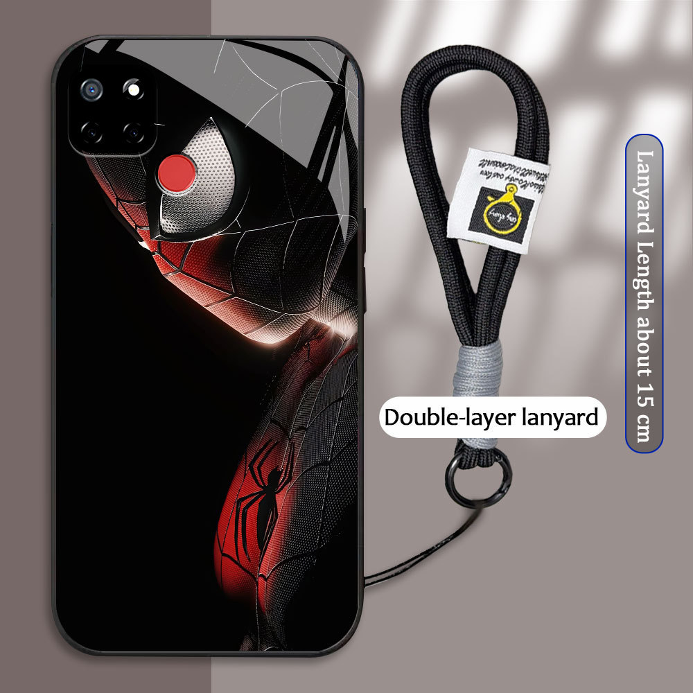 Realme Q Q5I V5 V13 Q3I Q3 5G V23 K9X C17 C12 C25 C25S C35  เคสกระจก สไปเดอร์แมน ขอบนุ่ม + สายคล้อง
