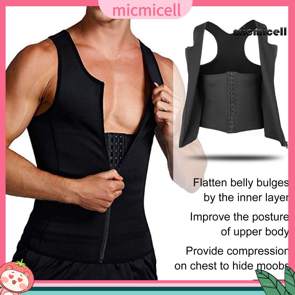 [mic]Men Slimming Corset Vest O-คอแขนกุดDouble-Layer Tummy Control Shapewear Top Zipper Placket Body