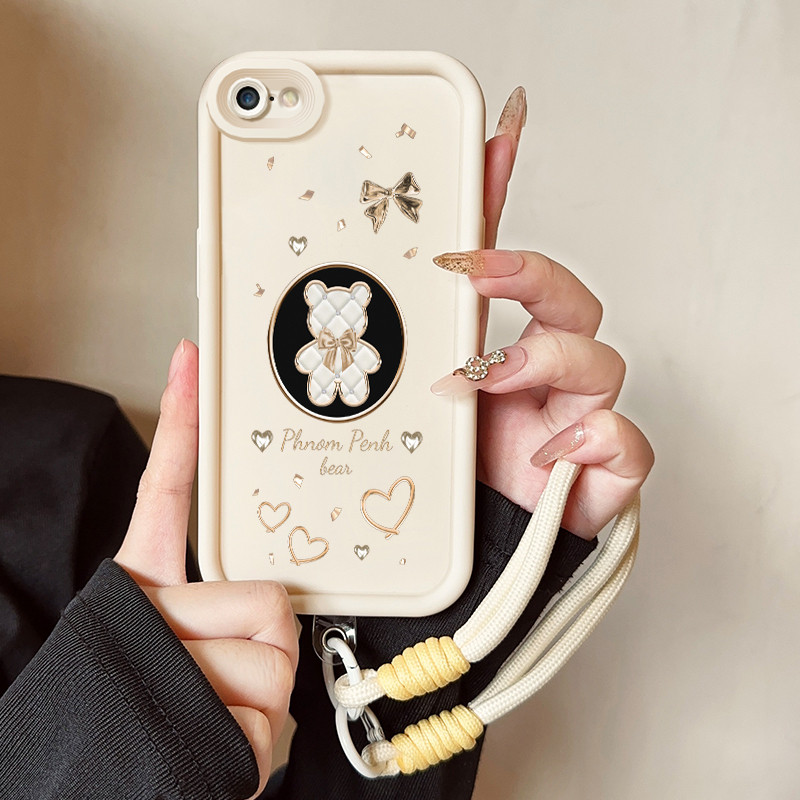 เคสสำหรับ iPhone 6 Plus 6s Plus 7 Plus 8 Plus SE 2020 X Xr Xs Max เคสโทรศัพท์หมีกุหลาบสามสีซิลิโคนสายคล้องกันกระแทก