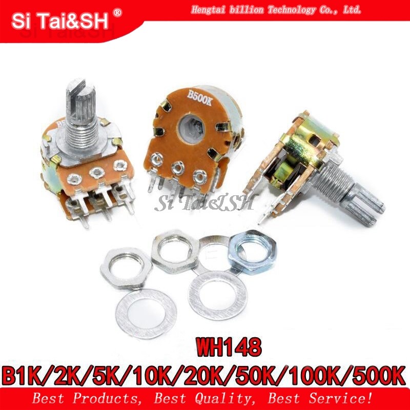 5pcs B1K B2K B5K B10K B20K B50K B100K B500K B1M 6Pin 15mm Shaft WH148 Potentiometer 1K 2K 5K 10K 20K
