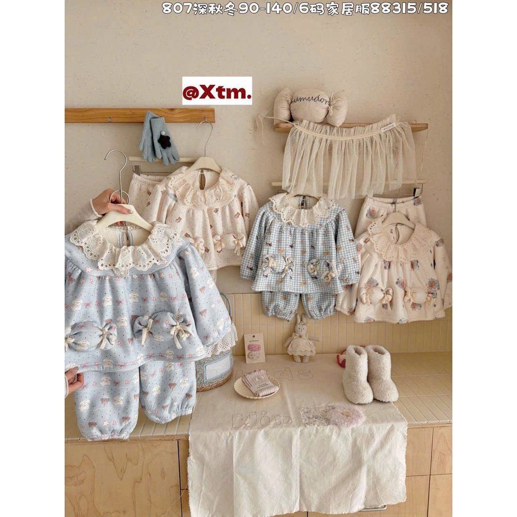 88315 - LNX ชุดชุดนอนหนาเกาหลีคอปกลูกไม้และกระเป๋าทรงลูกอมสําหรับเด็กผู้หญิง ขนาด 90 - 140