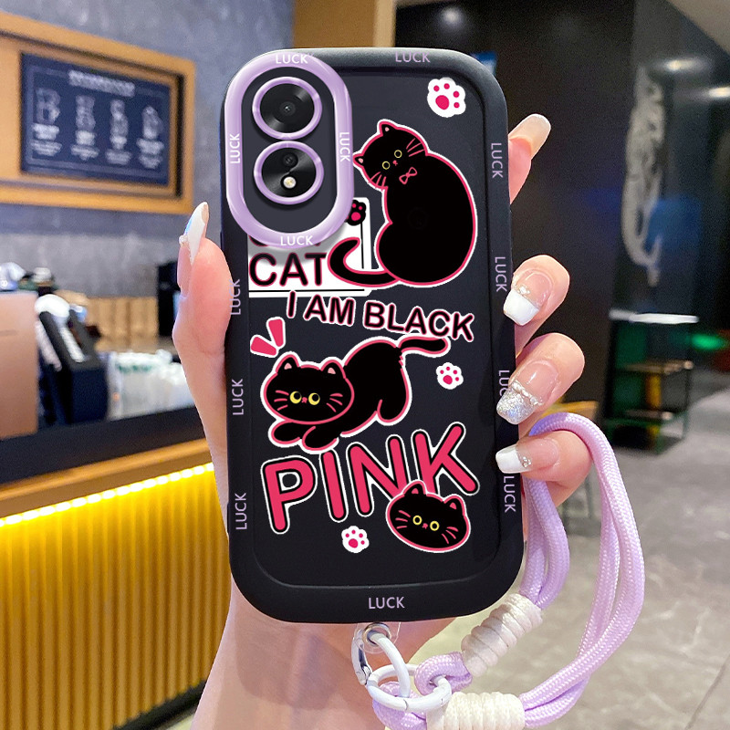 เคสสำหรับ OPPO A18 A38 เคสโทรศัพท์แมวซิลิโคนสายคล้องกันกระแทก