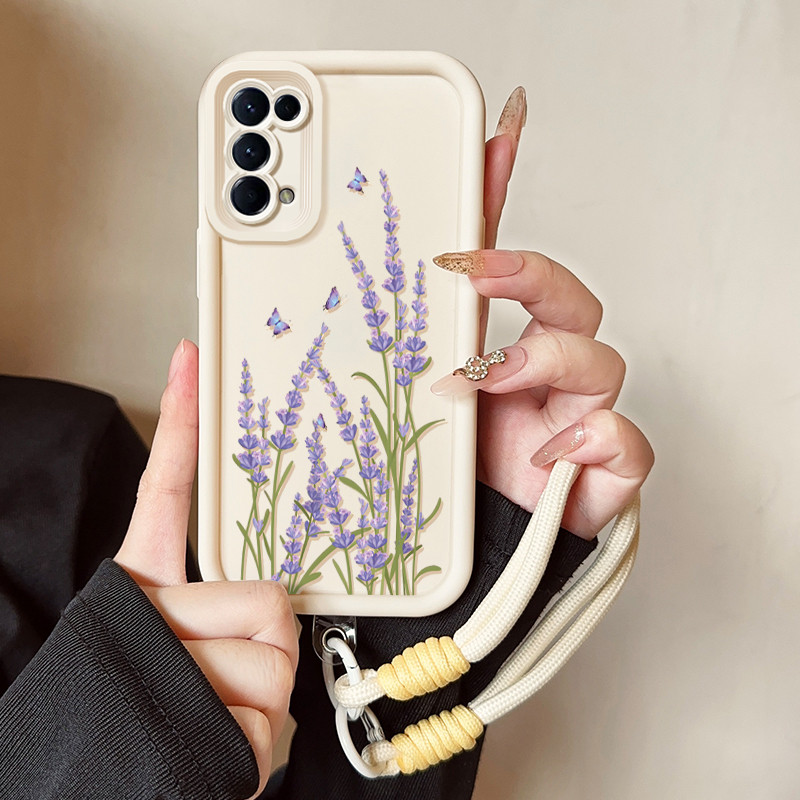 เคสสำหรับ OPPO Reno 5 4G Reno 5 5G Reno 5K 5G เคสโทรศัพท์ลาเวนเดอร์ดอกไม้สามสีซิลิโคนสายคล้องกันกระแทก – โปรปัง