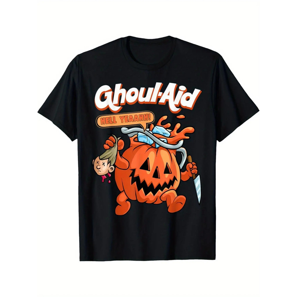 Soft Cotton Mens Ghoul Aid Pumpkin Graphic Tee | แขนสั้น คอลูกเรือ