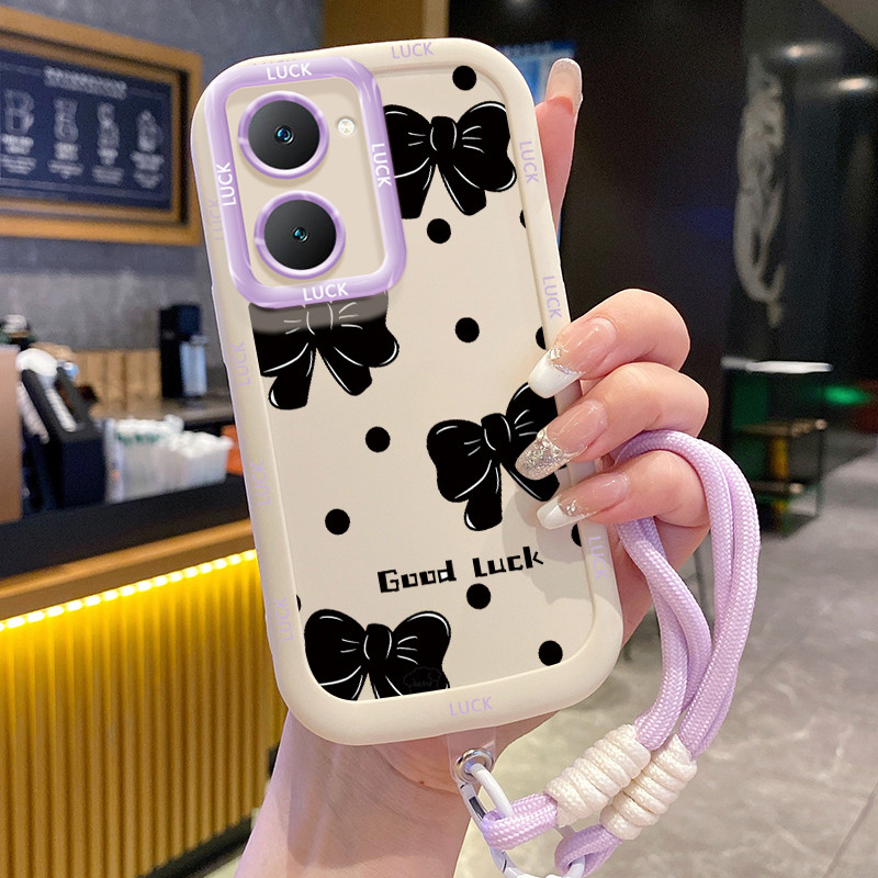 เคส VIVO Y03 Y03T Y18 Y18E Y18I Y18T Y28s 5G Y37 5G เคส Bowknot สีดําพร้อมเชือกเส้นเล็ก