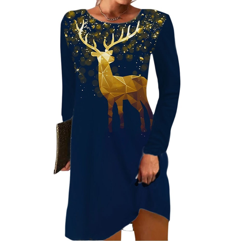 BCP Christmas เดรสแขนยาวลายหิมะ คอรอบ พร้อมกระเป๋าพิมพ์ลาย